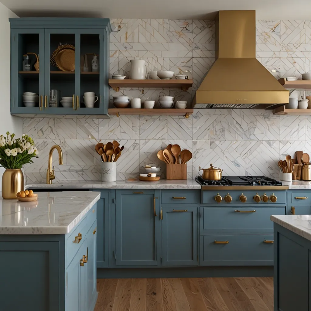 Baby Blue Cabinets with Gold Accents