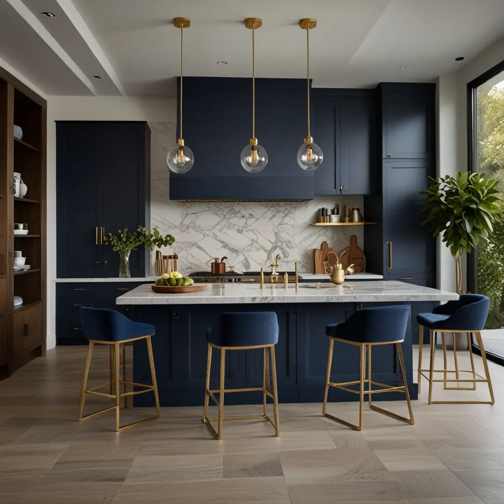 Blue Cabinets with Contrasting Island Stools