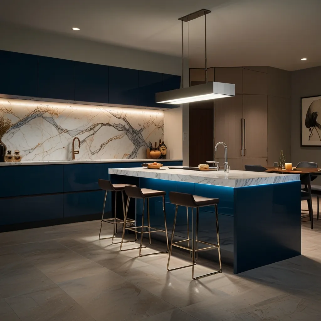 Blue Cabinets with Integrated LED Lighting