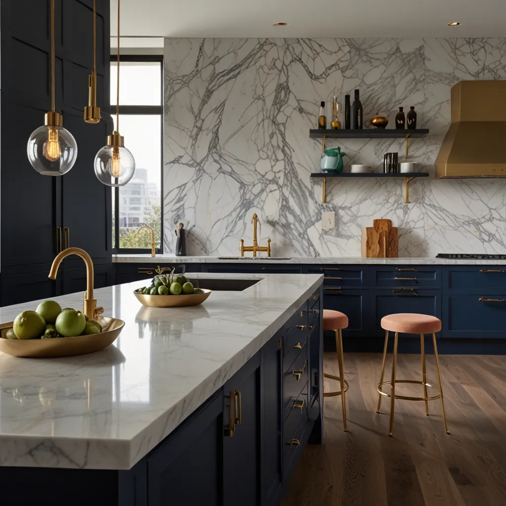 Blue Cabinets with Marble Backsplash