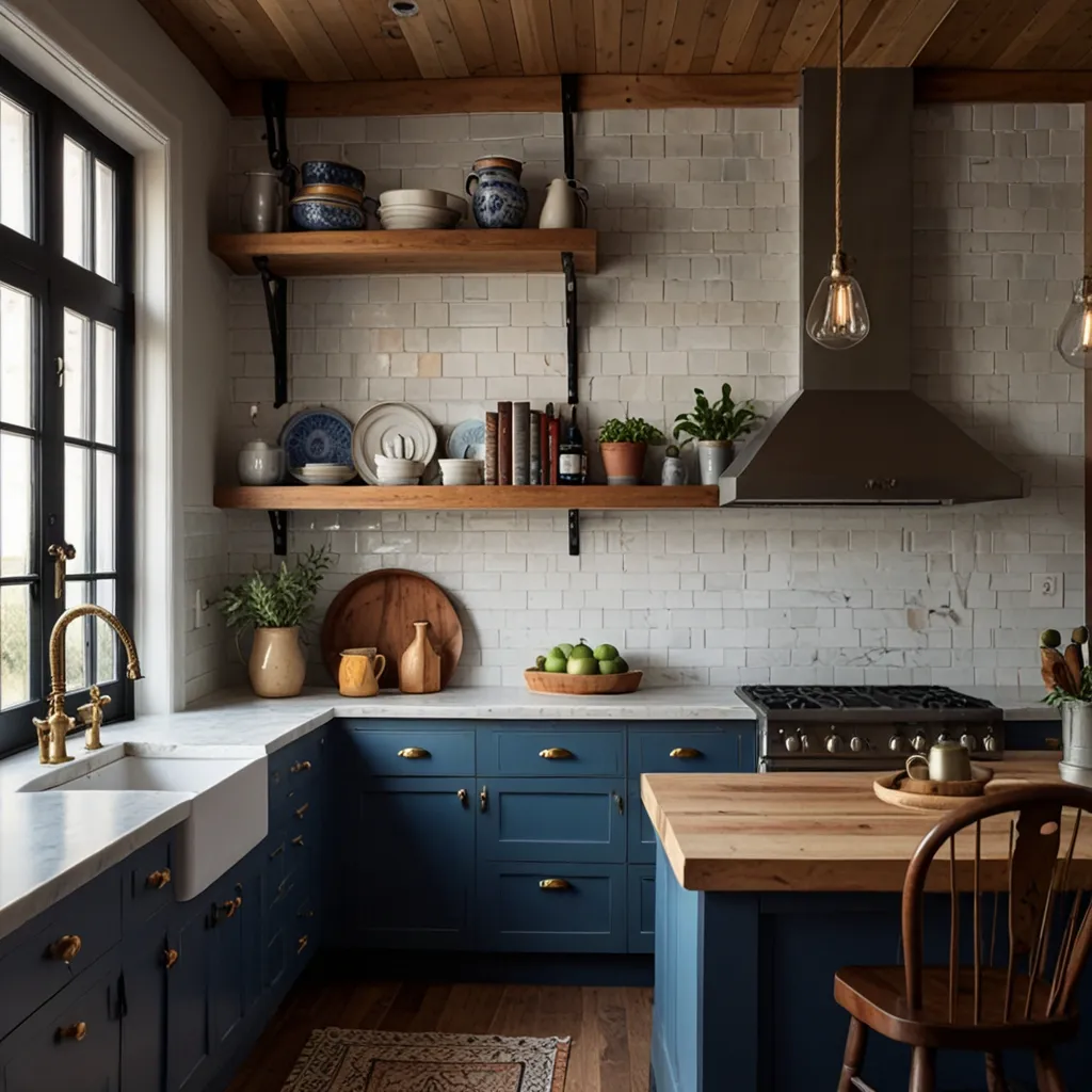 Blue Cabinets with a Butcher Block Countertop
