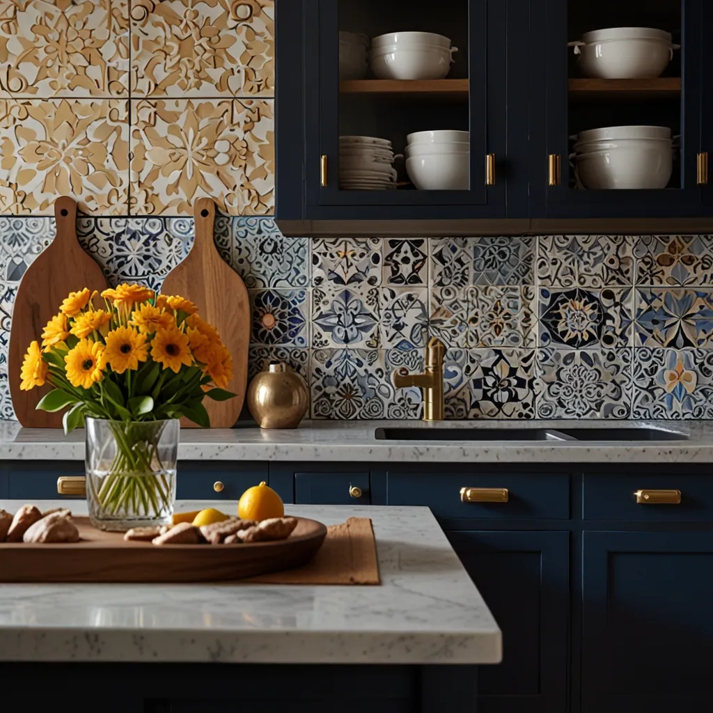 Blue Cabinets with a Patterned Tile Backsplash