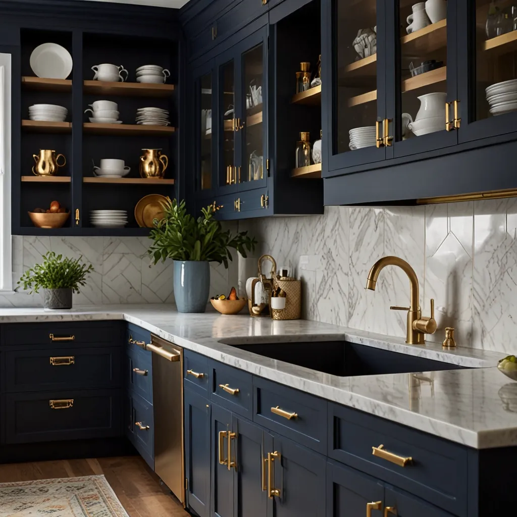 Classic Navy Blue Cabinets with Brass Hardware
