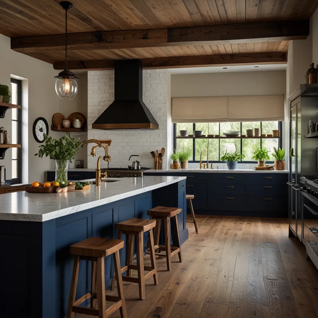 Dark Blue Cabinets with Exposed Wood Beams