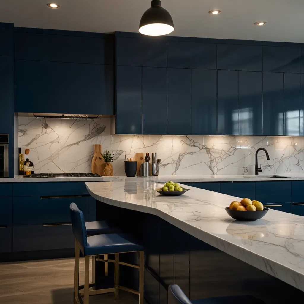 High-Gloss Blue Cabinets for a Sleek Finish