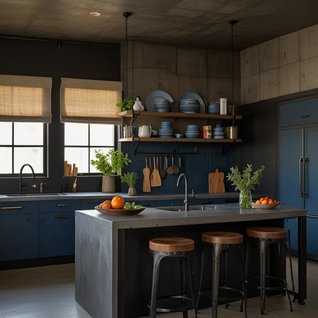 Industrial-Style Blue Cabinets with Concrete Countertops