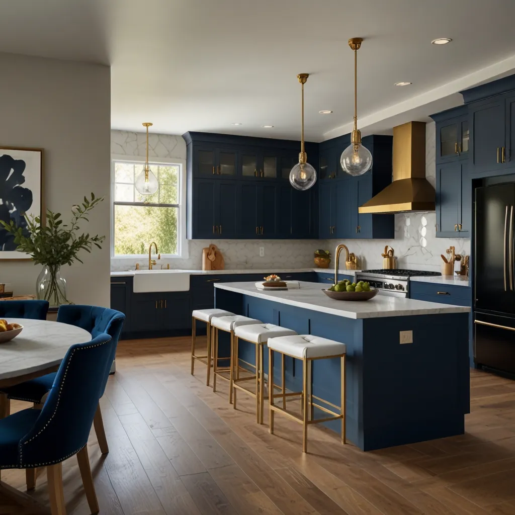 Royal Blue Cabinets with White Quartz Countertops