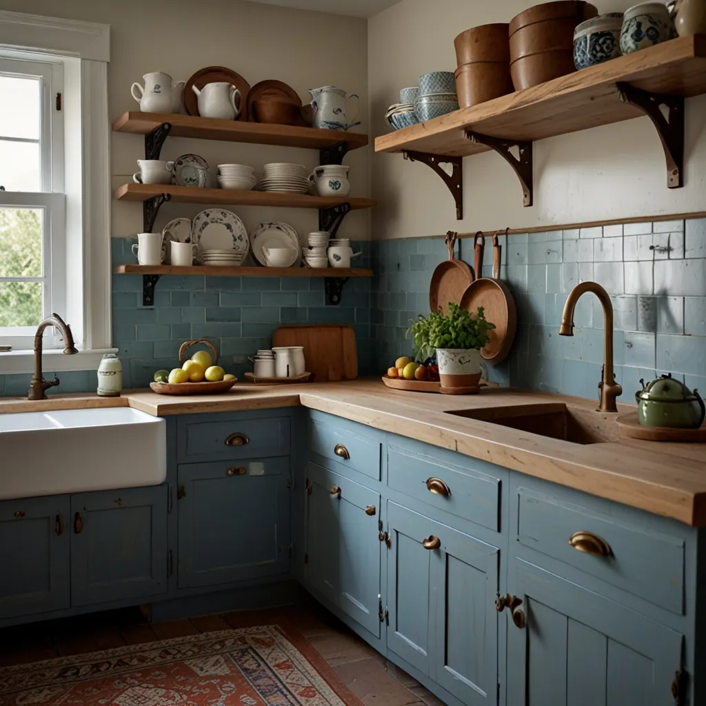 Vintage Blue Cabinets with Open Shelving